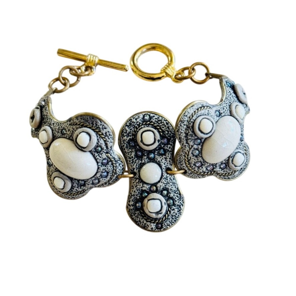 VTG Chunky Brutalist Cabochon Bracelet Brass Statement Chunky Boho Indie Artisan